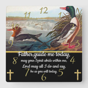 Relógio Quadrado Dourada cruz de Fé Cristã com dois patos