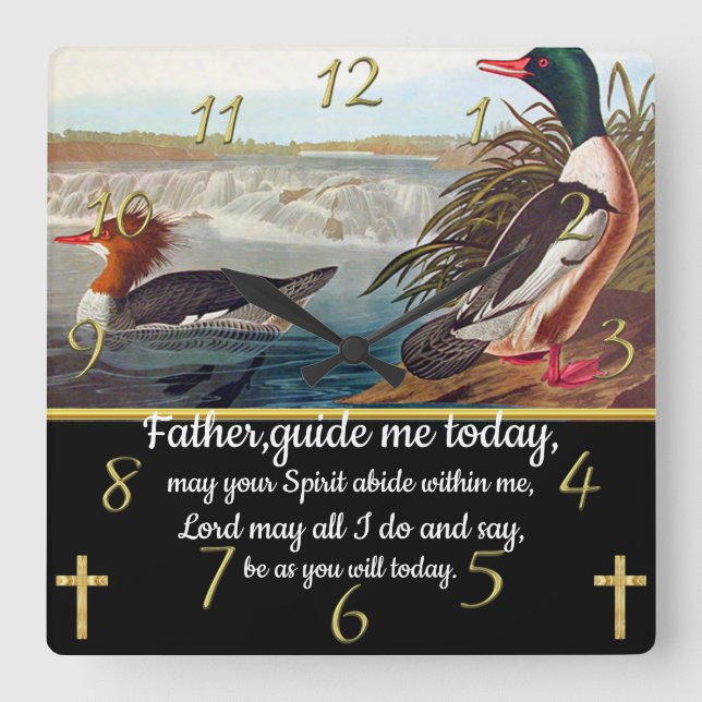 Relógio Quadrado Dourada cruz de Fé Cristã com dois patos (Frente)