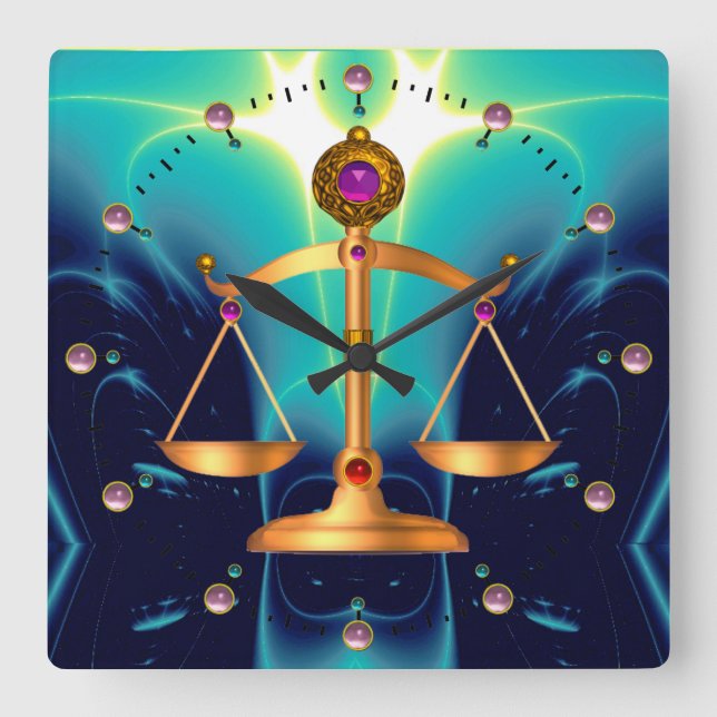 Relógio Quadrado DOURADAS ESCALAS JURÍDICAS COM PEDRAS GEM, Símbolo (Frente)