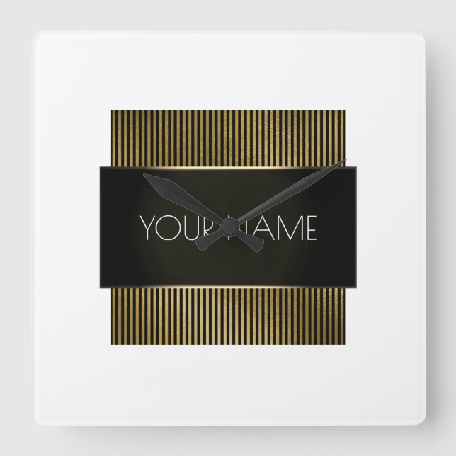 Relógio Quadrado Dourado branco preto listras urbanas mínimas elega (Frente)