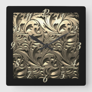 Relógio Quadrado Dourado e elegante metal gravado, com aspecto flor