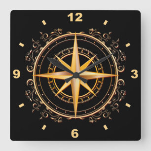Relógio Quadrado Dourado e preto bonito - Compass Antiquado ~