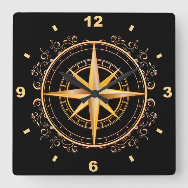 Relógio Quadrado Dourado e preto bonito - Compass Antiquado ~ (Frente)