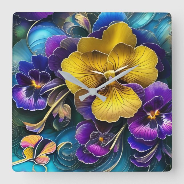 Relógio Quadrado Dourado e Roxo Pansy Patch (Frente)