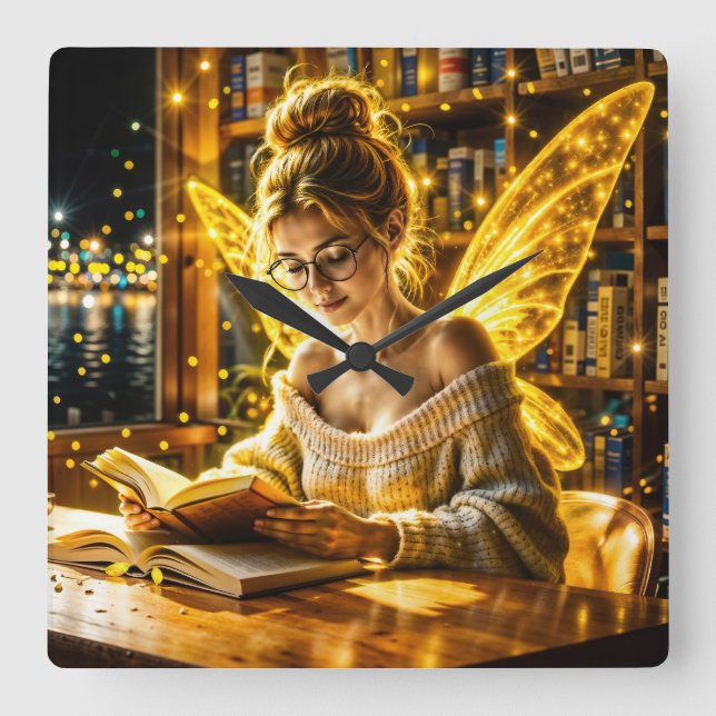 Relógio Quadrado Dourado ouro de fada acadêmica e confortável bibli (Frente)