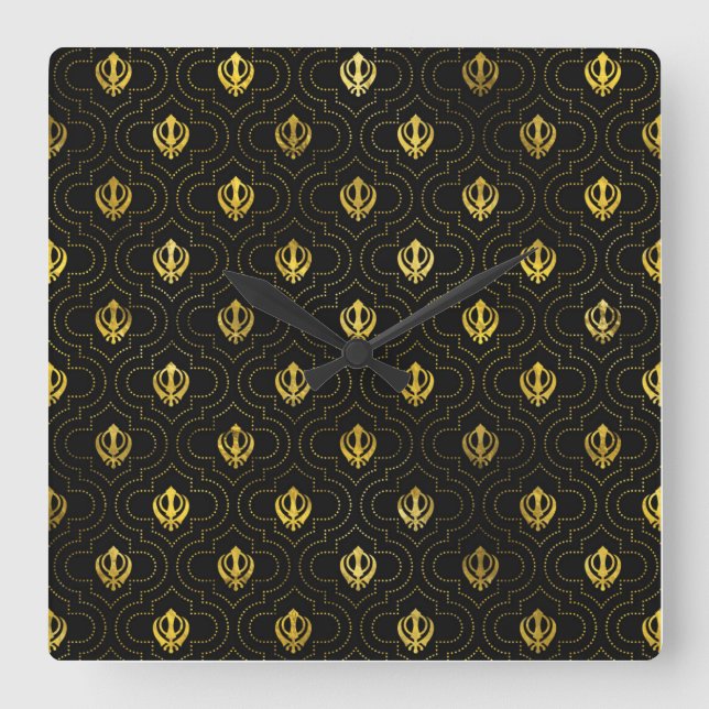 Relógio Quadrado Dourado padrão do símbolo Khanda (Frente)