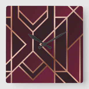 Relógio Quadrado Dourado,vermelho,moderno, padrão de deco de arte,