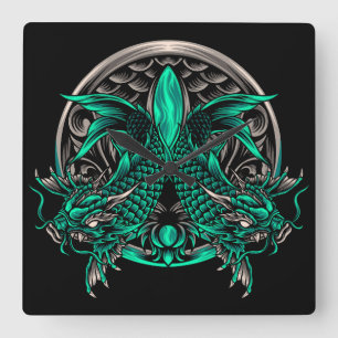 Relógio Quadrado Dragon Koi Fish