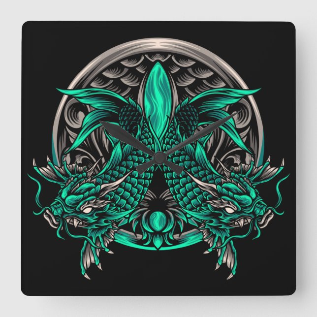 Relógio Quadrado Dragon Koi Fish (Frente)