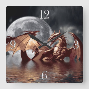 Relógio Quadrado Dragon & Moon Fantasy Wall Clock