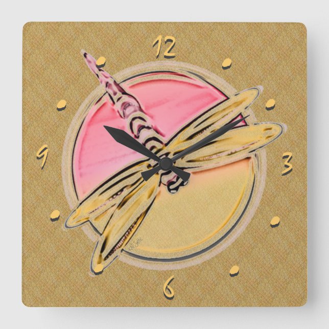 Relógio Quadrado Dragonfly Art em rosa e Dourado (Frente)