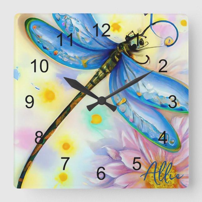 Relógio Quadrado Dragonfly Azul Wing, Personalize (Frente)