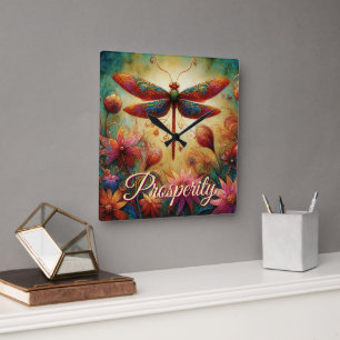 Relógio Quadrado Dragonfly Floral Abstrato-Art Prosperidade