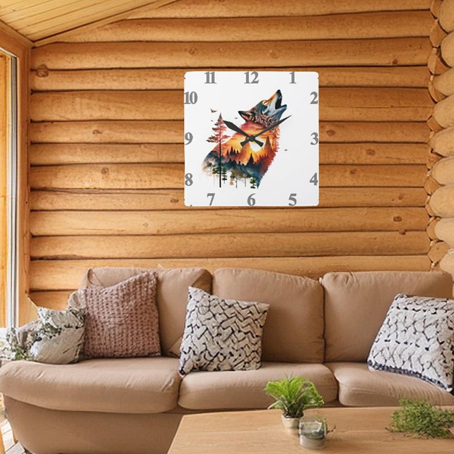 Relógio Quadrado Dupla exposição do lobo-guindaste (Criador carregado)