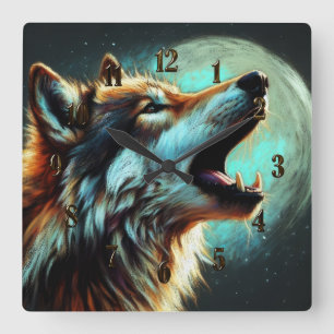 Relógio Quadrado Duro Pastel Desenhando Lobo Howling Lua