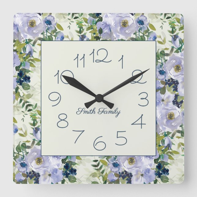 Relógio Quadrado Dusty Blue Watercolor Floral Name Kitchen (Frente)