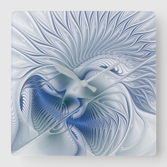 Relógio Quadrado Dynamics Fantasy Abstrato Blue Tones Arte Fractal (Frente)