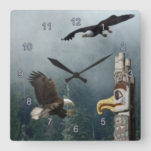 Relógio Quadrado Eagles, Totem Pole e Forest Fantasy Art Clock
