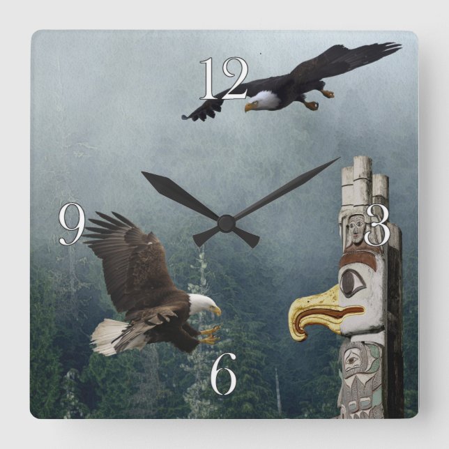 Relógio Quadrado Eagles, Totem Pole e Forest Fantasy Art Clock (Frente)