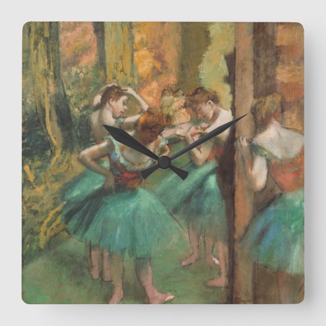 Relógio Quadrado Edgar Degas - Dançarinos, Rosa E Verde (Frente)