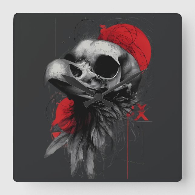 Relógio Quadrado Edgy Crow Skull Gothic Grunge Wall Clock (Frente)