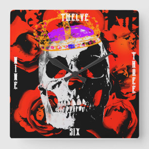 Relógio Quadrado Edgy King Skull Crown n' Rosas