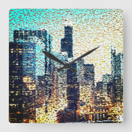 Relógio Quadrado Edifícios da cidade azul em mosaico com alivio