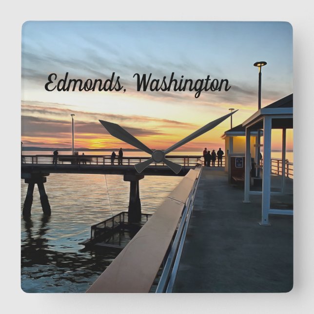 Relógio Quadrado Edmonds Washington Pier em Sunset (Frente)
