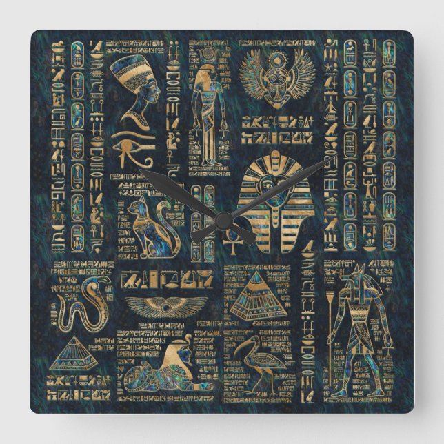 Relógio Quadrado Egyptian hieroglyphs and deities -Abalone and gold (Frente)
