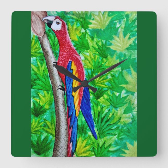 Relógio Quadrado Ei, tem uma arara escarlate naquela árvore! (Frente)