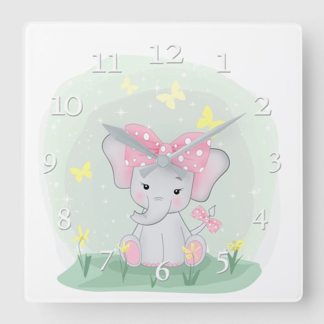 Relógio Quadrado  Elefante de bebê bonito com arco rosa numa clarei (Frente)