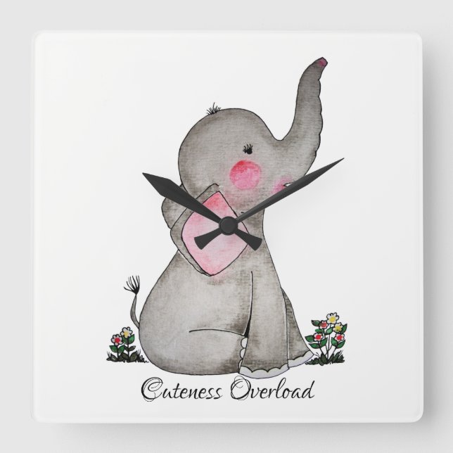Relógio Quadrado Elefante De Bebê Cuta De Aquarela Com Blush E Flor (Frente)