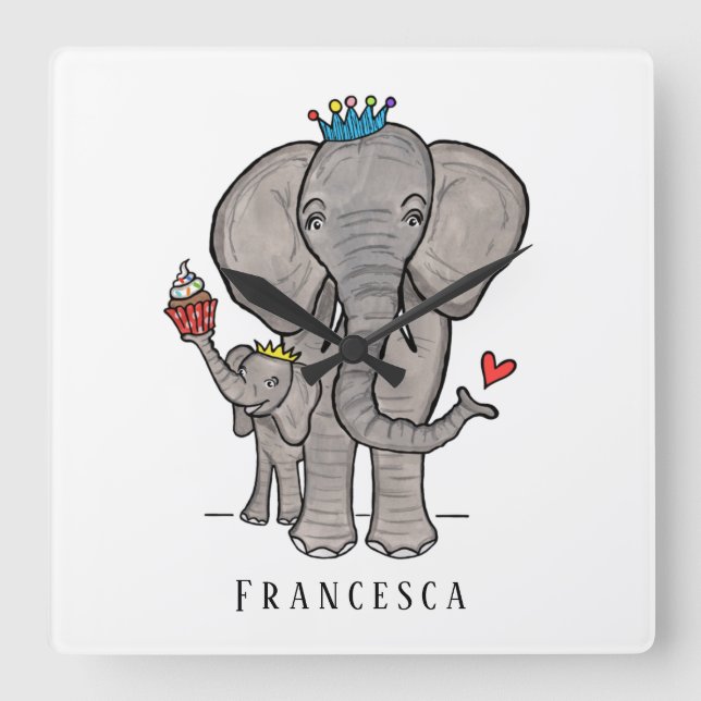 Relógio Quadrado Elefante e bebê lindos personalizados (Frente)