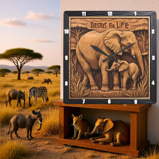 Relógio Quadrado Elefante Mãe Bebê Gravado