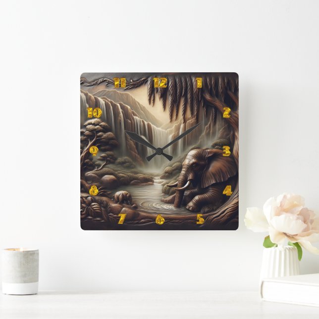 Relógio Quadrado Elefante majestoso por cascata serena em Dusk (Lar)