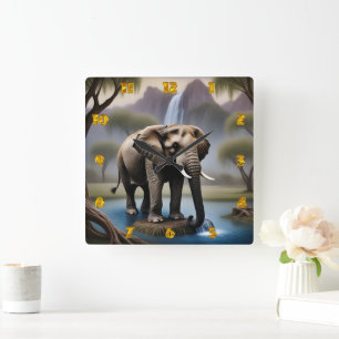Relógio Quadrado Elefante majestoso por queda d'água tranquila em D