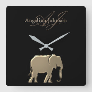Relógio Quadrado Elefante Monogramado Preto e Dourado