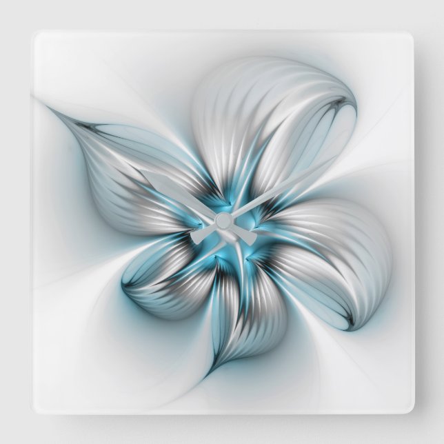 Relógio Quadrado Elegância Floral Moderna Abstrato Azul Arte Fracta (Frente)
