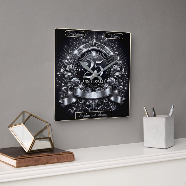 Relógio Quadrado Elegância Silver: 25 Aniversário (Escritório)
