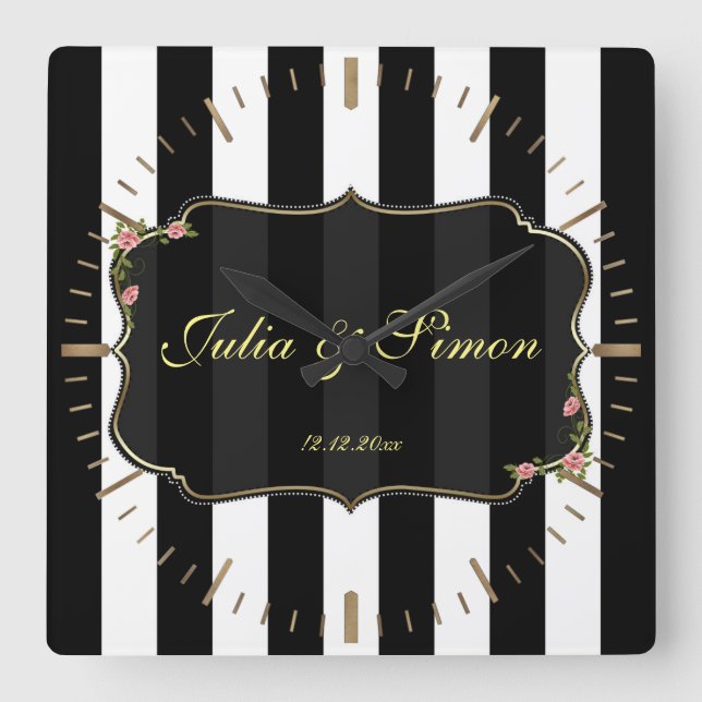 Relógio Quadrado Elegant Damask Golden Design Custom Monogram (Frente)