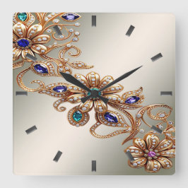 Relógio Quadrado Elegant Gold Jewel Flowers Wall Clock