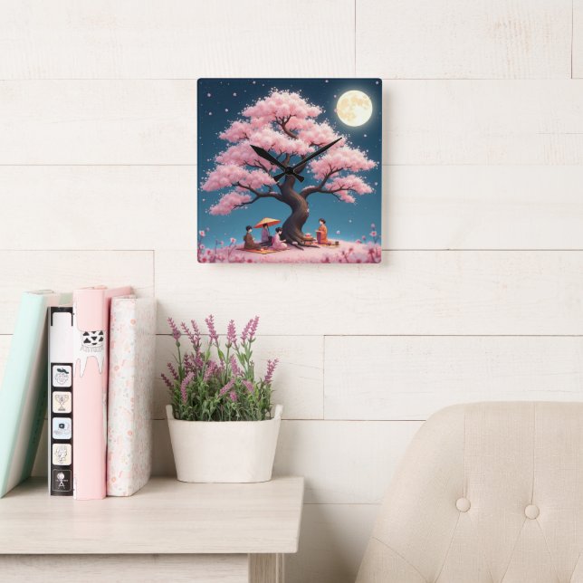 Relógio Quadrado Elegant Hanami Cherry Blossom Wall Clock (Sala de leitura)