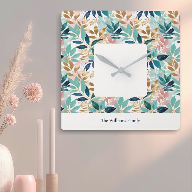 Relógio Quadrado Elegant Modern Leaf Pattern Personalized (A modern, personalized wall clock with pink, aqua, teal and faux gold leaf pattern)
