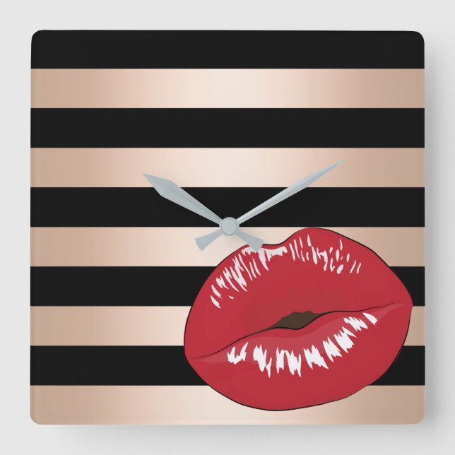 Relógio Quadrado elegant red lips rose gold black stripes pattern (Frente)