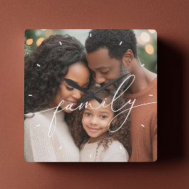Relógio Quadrado Elegant Script Overlay Family Photo