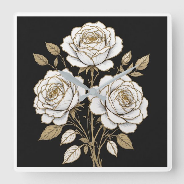 Relógio Quadrado Elegant White & Gold Floral Rose Wall Clock  (Frente)