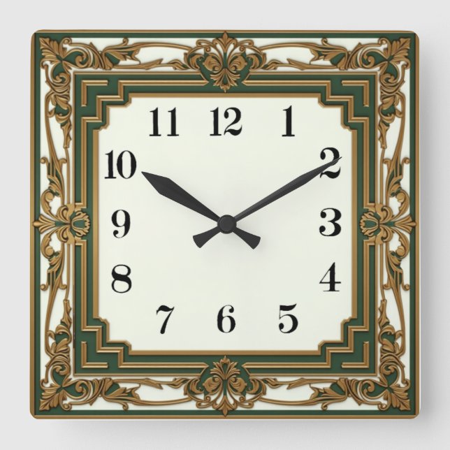 Relógio Quadrado Elegante Art Déco Verde (Frente)