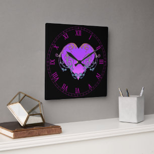 Relógio Quadrado Elegante Coração Roxo Romântico com Floreio