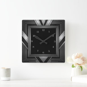 Relógio Quadrado Elegante Deco Artístico Prata e Preto