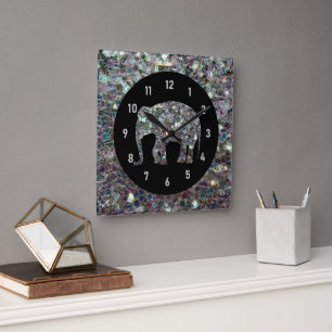 Relógio Quadrado Elegante elefante brilhante mosaico em prata